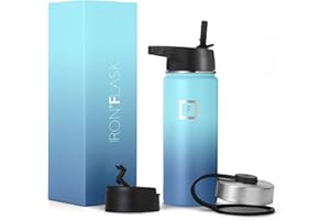 IRON °FLASK Camping & Hiking Hydration Flask, Wide Mouth, 3 Straw Lids, Stainless Steel Outdoor Water Bottle, Double Walled, Insulated Thermos, Metal Canteen - Blue Waves, 18 Oz