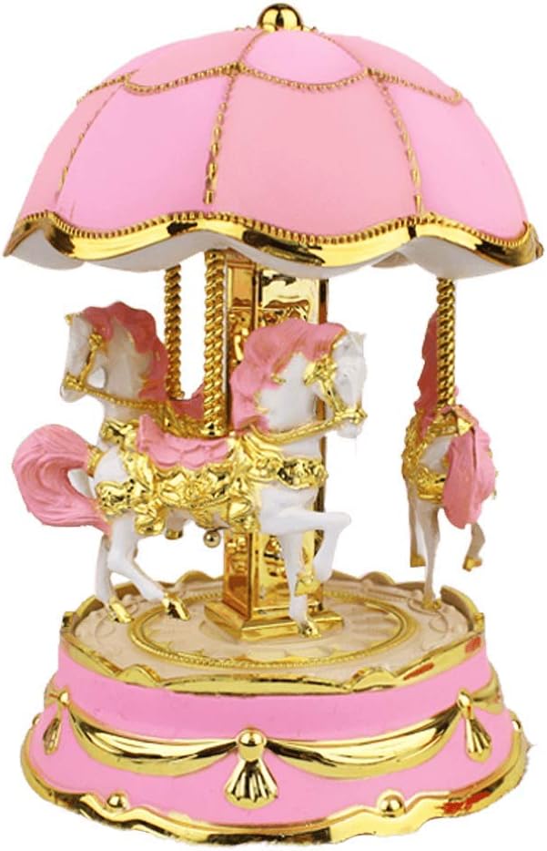 Music Box 3-Horse Moving Up and Down Carousel Music Boxes Battery Operated Luxury Color Change LED Light Luminous Rotating Cute Toy Musical Box Children Kids Boys/Girls Birthday Gift (Pink)