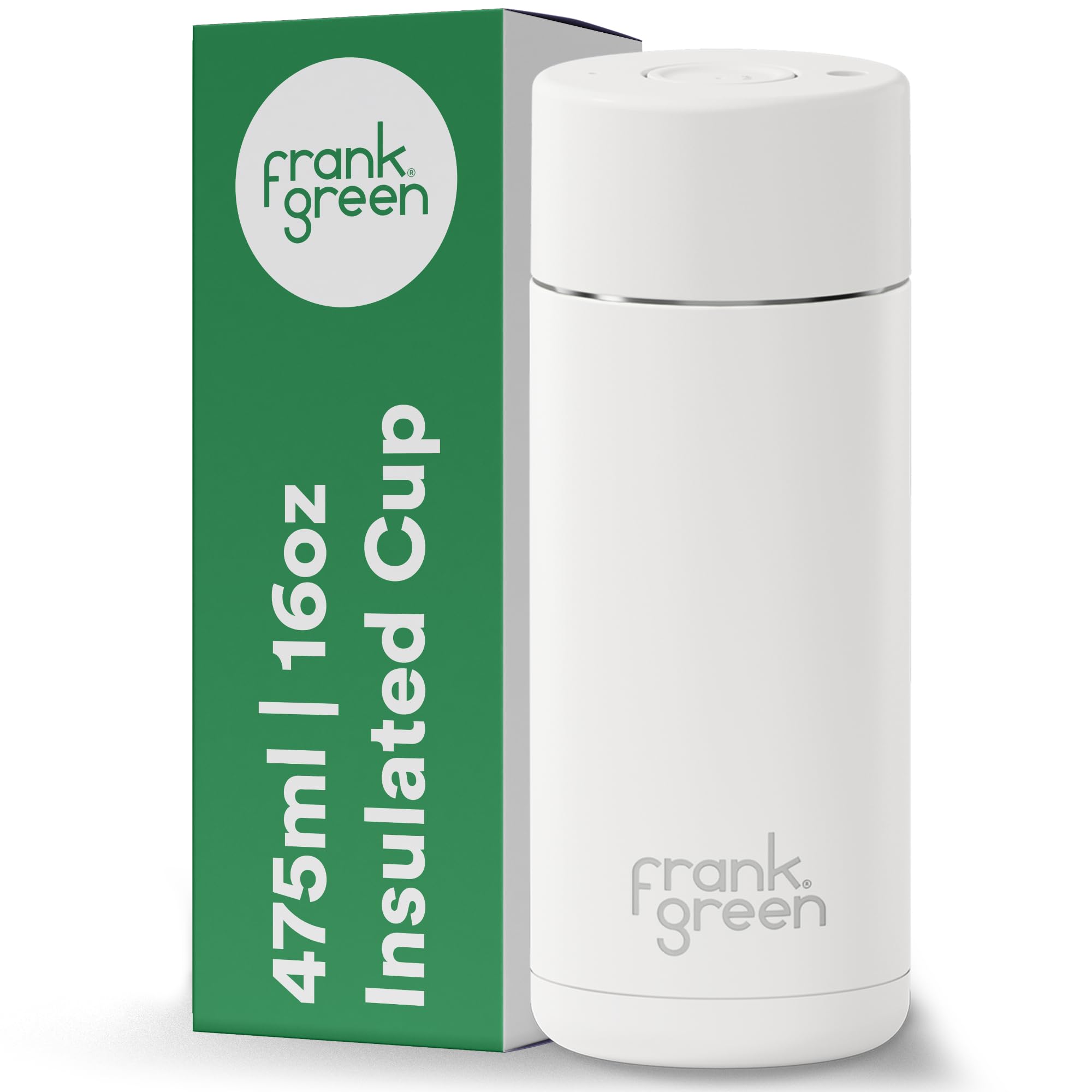 frank green Insulated Travel Mug for Cold Or Hot Drinks - 475ml/16oz Reusable Coffee Cup with Push-Button Lid, Ceramic Lined, Triple Wall Vacuum - Cloud White