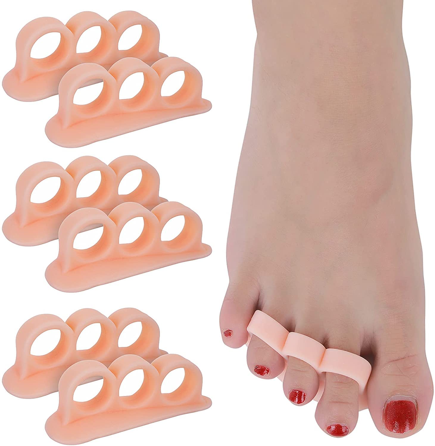 CAREOR 6 Pieces Hammer Toe Cushion - Hammer Toe Gel Pads Corrector & Straightener for Curled, Curved, Claw & Mallet Toe Relief - Right & Left Gel Support Crest Cushion (3 Hole Beige)