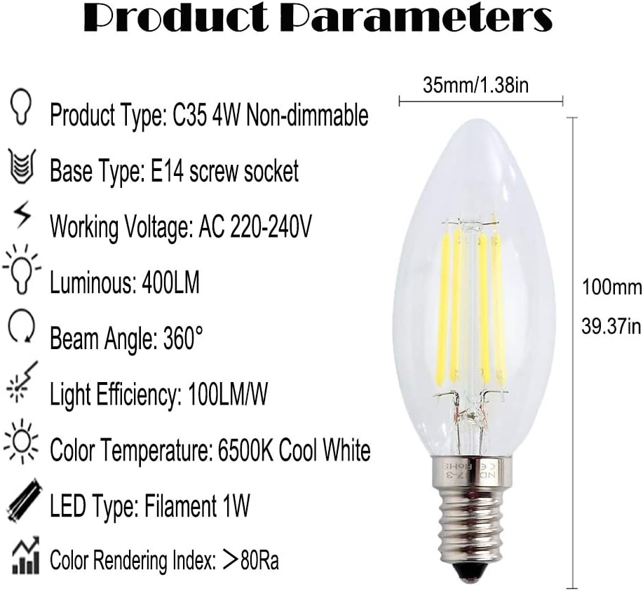WULUN Candle Filament Bulb, 4W LED, E14 Classic Candle Bulb, Cool White Light, 6500K, 400Lm, 40W Replacement,(Cool White × 6) - Image 3