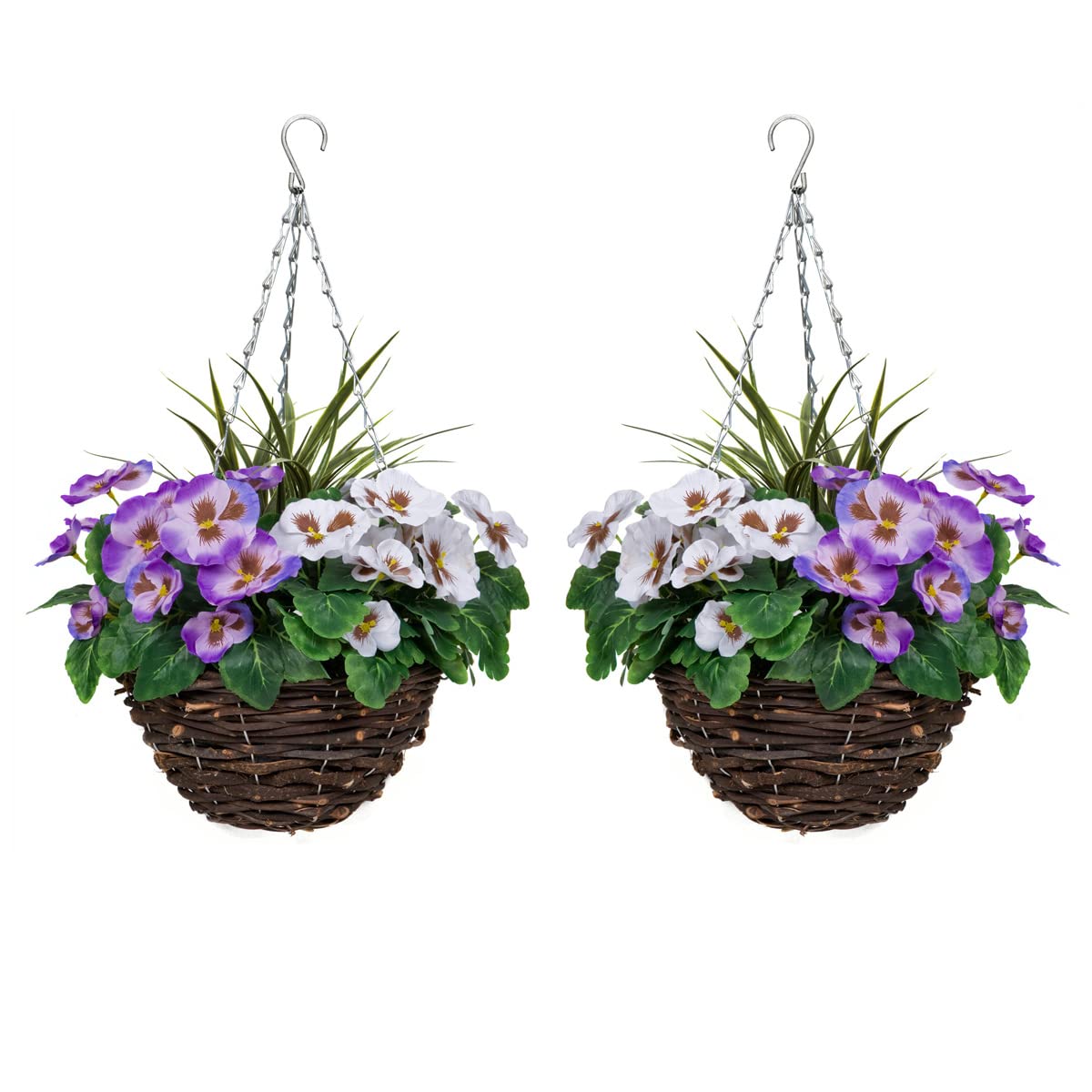 2 x Artificial Hanging Baskets with Purple and White Flowers and Decorative Grasses (Set of 2)