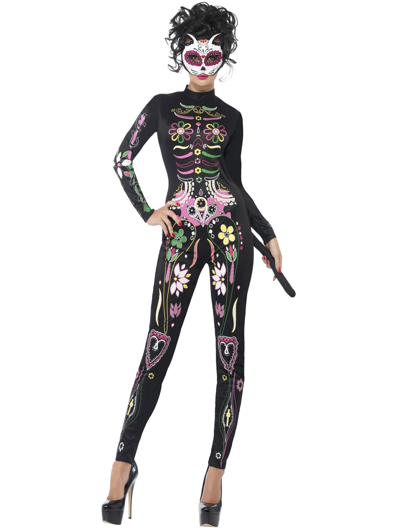 Smiffys Sugar Skull Cat Costume, Black with Printed Bodysuit, Mexican Day of The Dead/Sugar Fancy Dress, Adult Dress Up Costumes