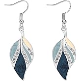 Bohemian Tropical Style Plant Dangle Earrings, Big Blue Leaf Teardrop Earrings with Glass Crystals Light Blue and Beige Ear Charms Boho Jewelry for Women Gift