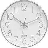 Foxtop Modern Non-Ticking Wall Clock Silent Decorative Quartz Round Battery Operated Silver Clock for Office Home Living Room