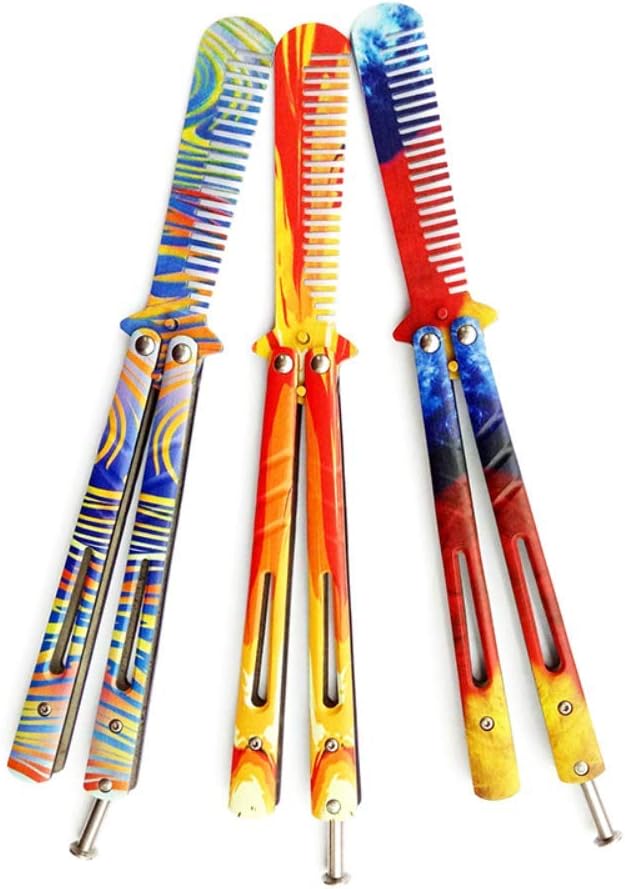 JKFJY FOLD Foldable Knife Training Combs 3D Printing Camping Outdoor Portable Butterfly Hairbrushes Rainbow Colorful Colorful Printed U