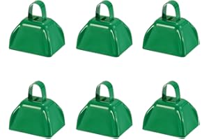 Hordolry 3inch Cowbells Noise Makers, 6Pcs Metal Cow Bells with Handle, Small Loud Bell Bulk Hand Percussion for Sporting Events, Football Games,Party, Concert, Graduations, Farm Ranch, Green