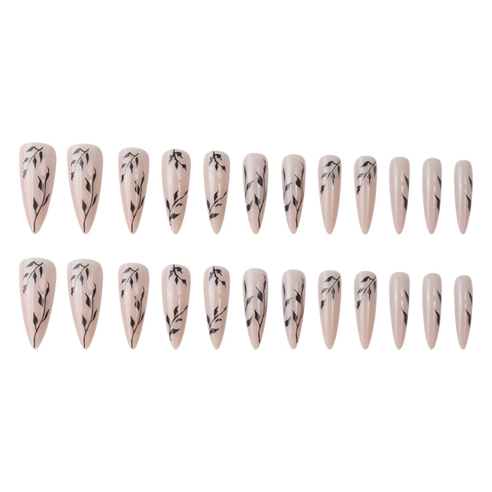 SINHOT Stiletto Press on Nails Extra Long Fake Nails with Glue Glossy False Nails with Black Leaves Designs Full Cover Almond Acrylic Nails 24pcs - Image 3