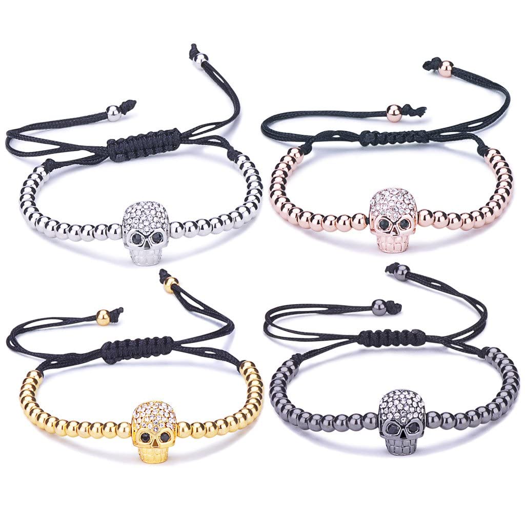 Infinite U Multicoloured Teardrops and Desiccated Skull Decorated Cubic Zirconia Fashion Alloy Zircon and Cotton Rope Braided Bracelet for Women, One Size, Metal, Cubic Zirconia, One Size, Metal,