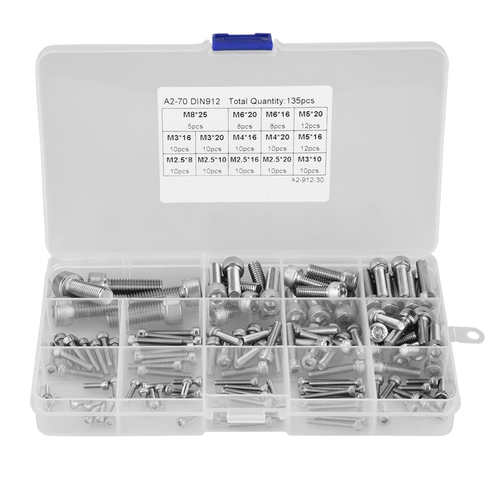 Head Cap Screws 135 Pcs,M2.5 M3 M4 M5 M6 M8 304 Stainless Steel Hex Socket Head Cap Screws Set