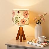 Floresita Dried Flowers Tripod Table Lamp 14.56in, 9W LED 3-Color Cute Bedside Lamp with Flowers Linen Lampshade for Nursery, Bedroom, Kid Room, Living Room, Light Brown Wooden Base