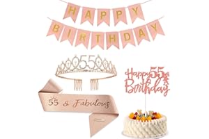 Happy 55th Birthday Crown/Tiara and Sash Set for Women,Rose Gold Birthday Decorations With Cake Topper,Happy Birthday Banner,