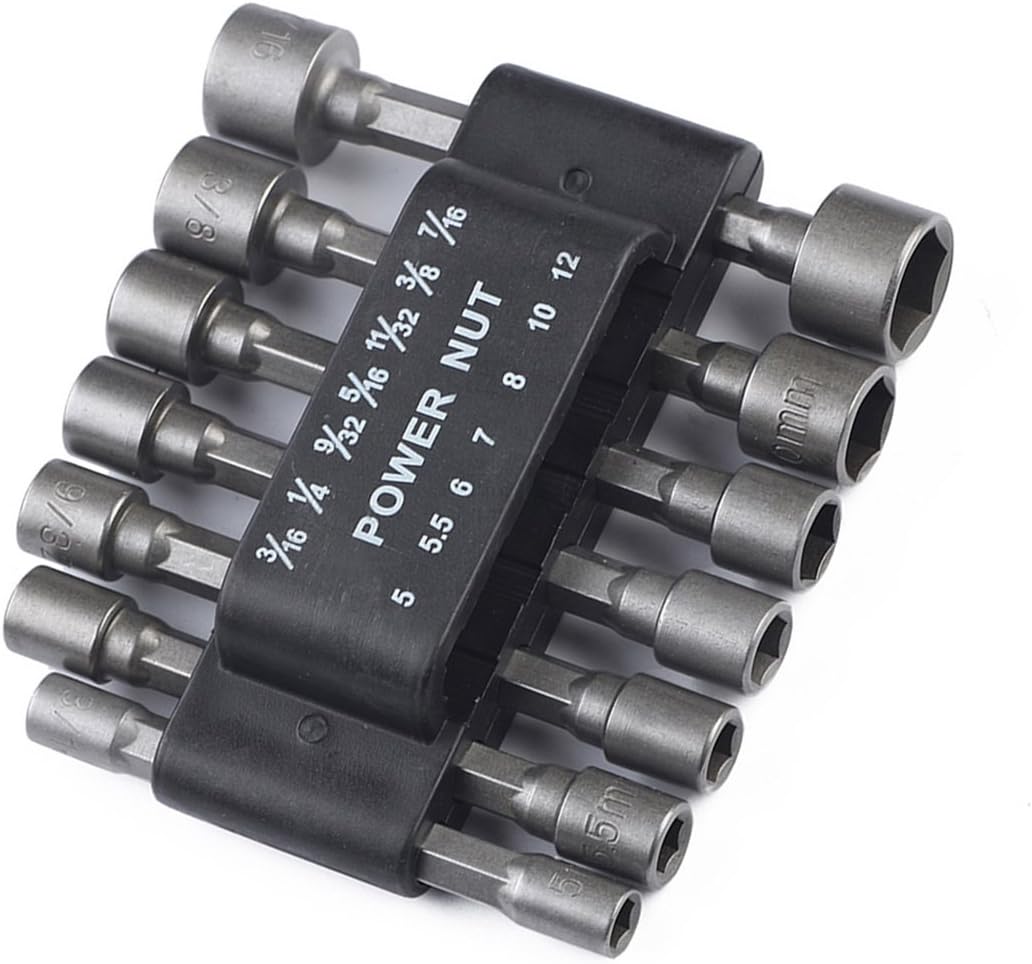 OUNONA 14PCS 5-12mm Imperial Socket Nut Impact Driver Adapter Drill Bits 1/4 Inch Hex Shank Tool Set Nut Driver Socket Bit Set