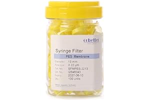 COBETTER 100 Pack PES Syringe Filter Lab Filters 0.22μm Pore Size 13mm Diameter Hydrophilic Filtration Non-sterile Yellow