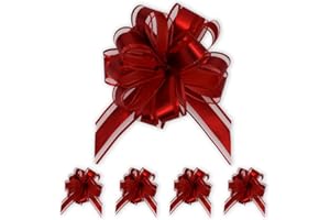 INSTABOWS Insta Bows Five (5) Organza Ribbon Bows Red Large Gift Bows for Gift Wrapping Christmas and Birthdays Each Gift Bow Measures 5 Inches Wide 1 Pull Makes A Big Bow for Present