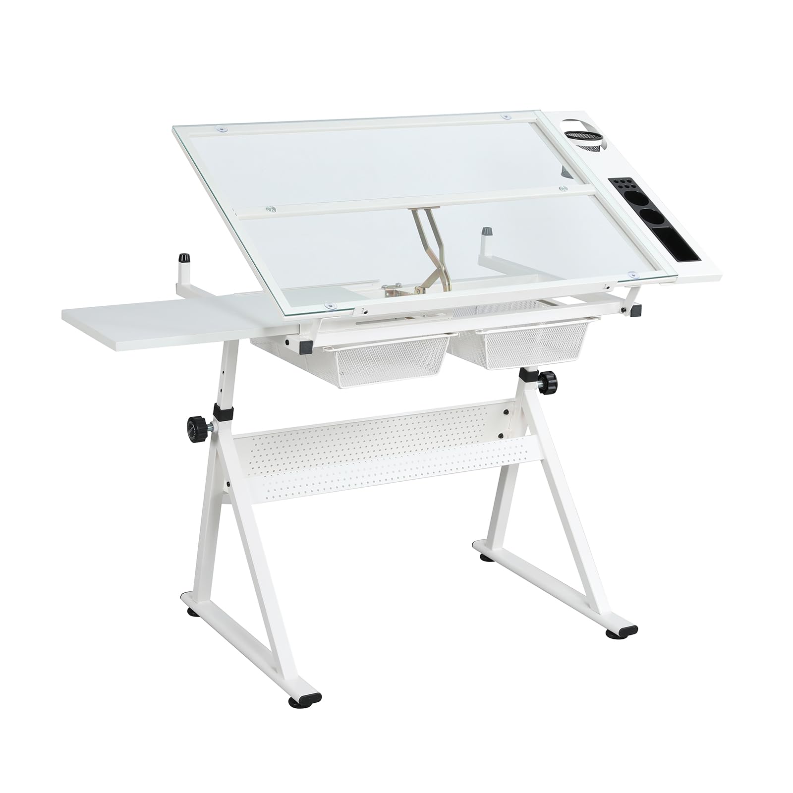 Photo 1 of ***SIMILAR ITEM***Gaderth Drafting Table w/Stool, Height Adjustable Drawing Table, Multifunctional Art Craft Paintings Work Station w/2 Storage Drawers Artists Desk Tilting Glass Tabletop for Home Office, White