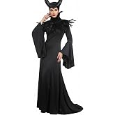 UQJE Black Gothic Witch Costume for Women, Halloween Dress with Feather Shawl and Horn Headpiece