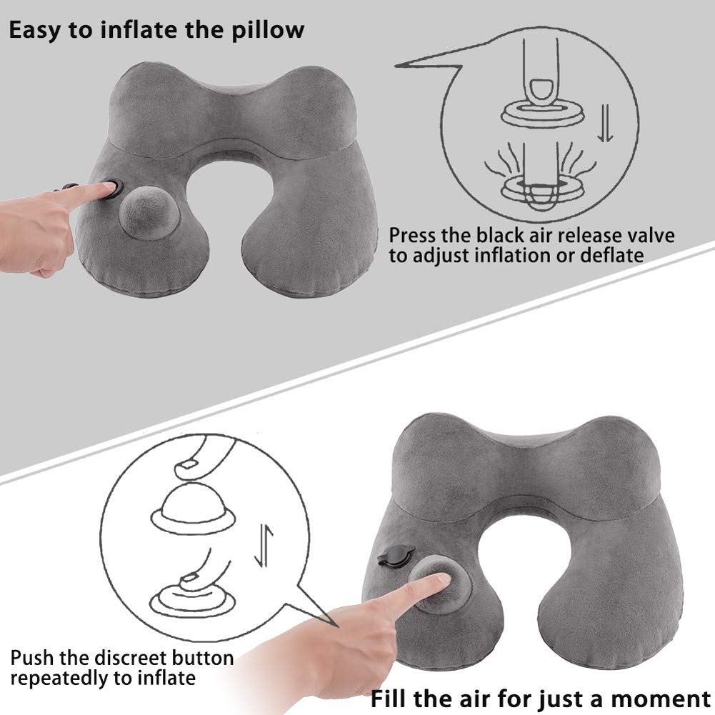 Air Travel Pillow Inflatable Neck Pillow - 2019 Newest Airplane Travel Pillow with Super Soft Velour Cover - Ergonomic Double Humps Head Chin Support Car Pillow Comfortable Space-efficient (Gray)