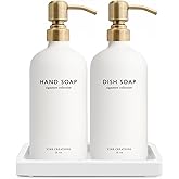 Vine Creations Glass Soap Dispenser Set, Kitchen Soap Dispenser Set with Ceramic Tray, 16 oz Dish Soap and Hand Soap Dispenser Set with Stainless Steel Pump Decor (White Bottle/Brushed Brass)