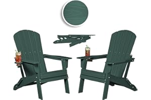 Plawdlik Folding Adirondack Chair, SGS Tested, Wooden Textured with Cup Holder, Heavy All-Weather HDPE Comfortable Set Poolside Backyard Lawn Green Set 2