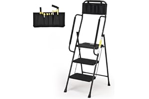 HBTower Step Ladder with Handrails, Folding Step Stool with Attachable Tool Bag & Anti-Slip Wide Pedal for Home Kitchen Pantry Office, Black