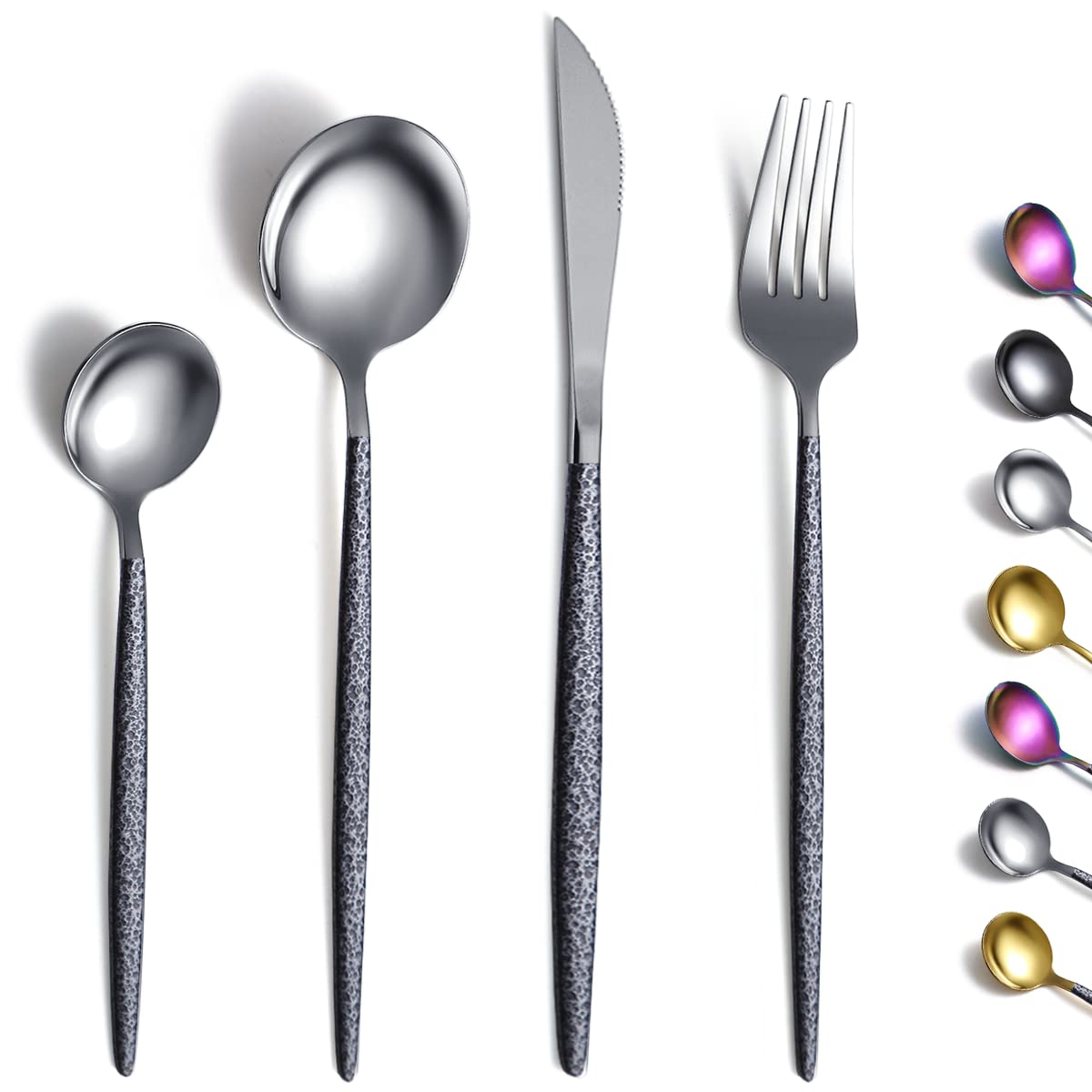 Kyraton Cutlery Set 24 Pieces with Moon Surface Black Handle and Shiny Mouth,Stainless Steel Modern Cutlery Set Utensils Set,Dishwasher Safe, Tableware Set Service for 6 People.