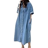 chouyatou Women's Summer Casual Short Sleeve Long Denim Shirt Dress Casual Loose Button Down Jean Dress