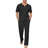 JiniGolla Mens Pajamas Set Soft Waffle Knit Short Sleeve Top and Pant Loungewear Sets 2 Piece Pjs with Pockets