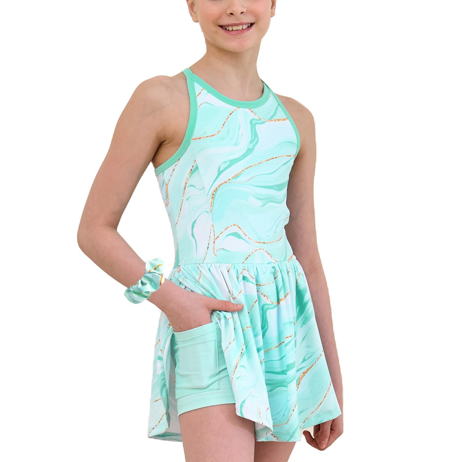 Photo 1 of MODAFANS Girls Tennis Golf Dress Sleeveless Athletic Pleated Outfits Sets Built in Shorts with Pockets Aqua Marble,4-5Years
