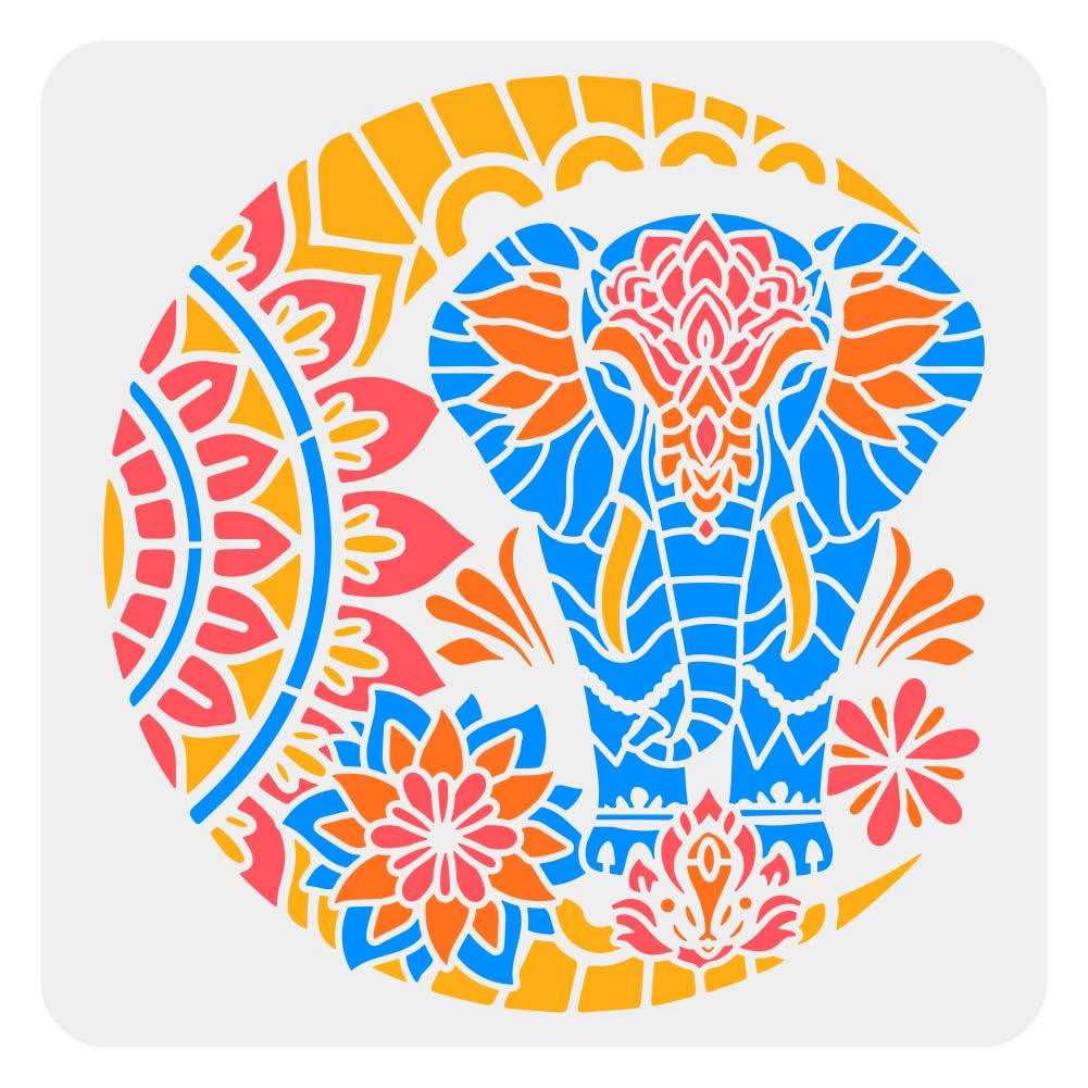 FINGERINSPIRE Moon Mandala Elephant Stencil 30x30cm Mandala Style Elephant Painting Stencil Moon Lotus Pattern Stencil Flower Moon Large Stencil Fantasy Theme Decor Template for Wall Tiles Floor