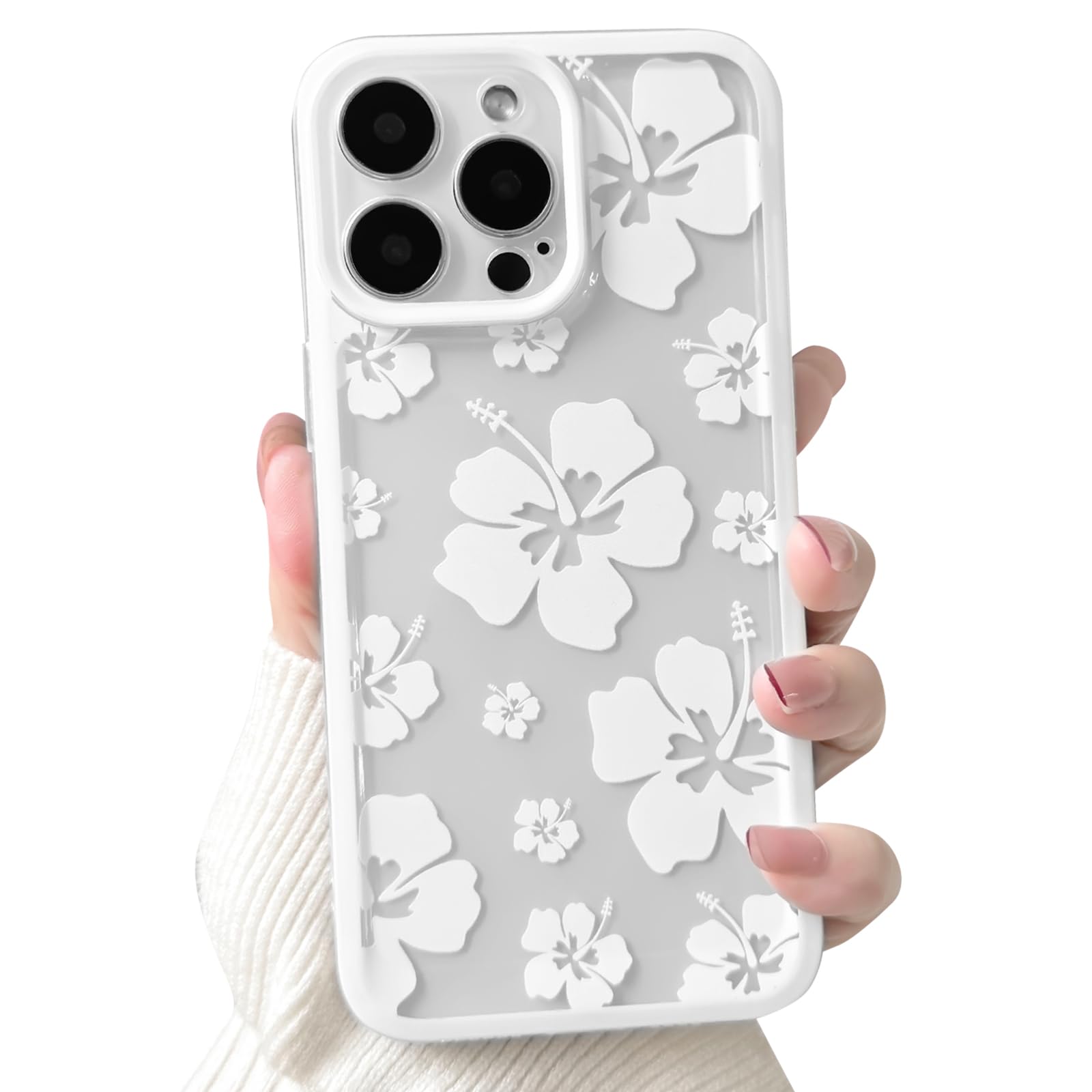 Lovmooful Compatible for iPhone 15 Pro Case Clear Cute Floral Flower Hibiscus with Color Edge Design for Girls Women Soft TPU Shockproof Protective Girly for iPhone 15 Pro Case-White