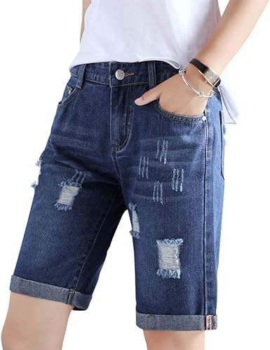 knee length distressed denim shorts