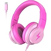 Wired Kids Headphones, USB Type C Headphones for Kids, 85dB Safe Volume, HD Stereo Sound, Comfortable Fit, Adjustable & Foldable,Ideal for School/ Travel (Gradient Deep Pink, Without Microphone）