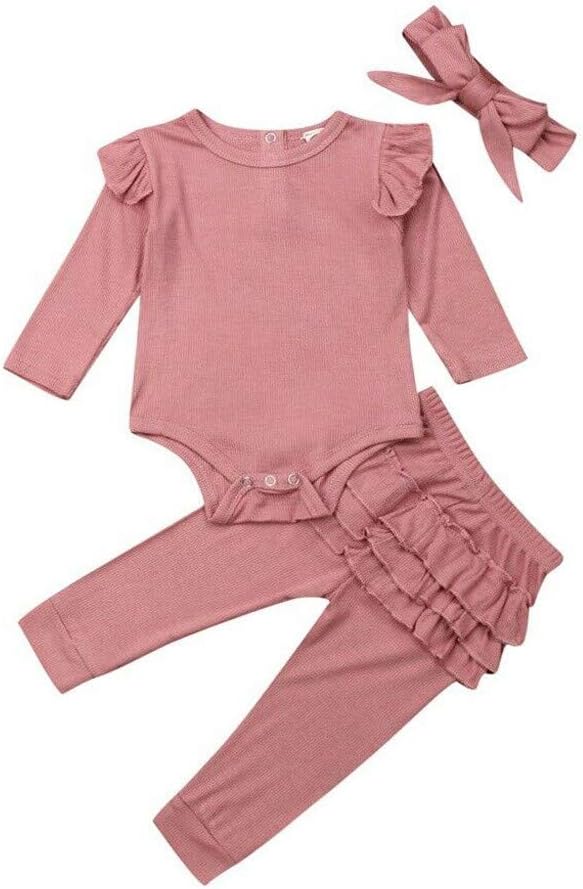 Gallity 3PCS Newborn Baby Girl Outfits,Infant Long Sleeve Ruffle Romper Bodysuit and Leggings Pants Clothes with Headband (6-9 Months, Pink)