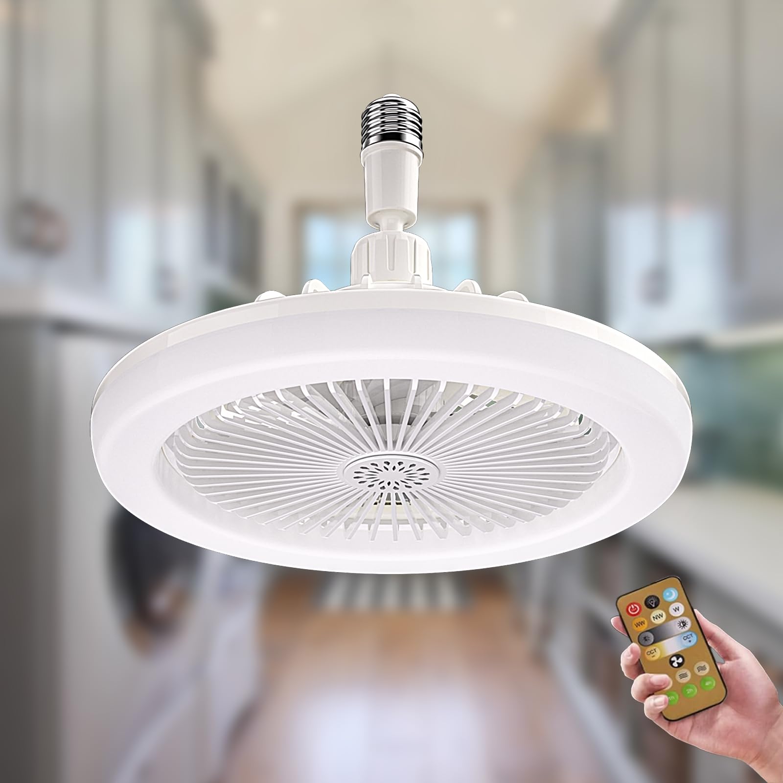 Photo 1 of CALOKES Socket Fan Ceiling Fan with Light, Remote Control, E26 Base Bulb Fan, 10" Cordless/Wireless Small Fan, 3 Speeds and Multicolor LED Light for Bedroom, Living Room, Kitchen, Garage