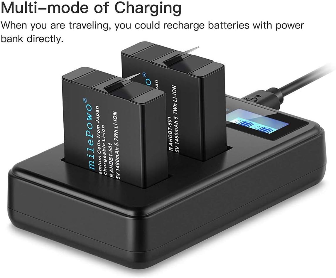 SmilePowo 2 Rechargeable Battery Dual LCD Battery Charger 1480mAh for GoPro Hero 5/6/7 Black, GoPro Hero 2018, GoPro Ahdbt-501 AABAT-001, GoPro 601-10197-000 (Compatible with Original Camera) : Camera & Photo