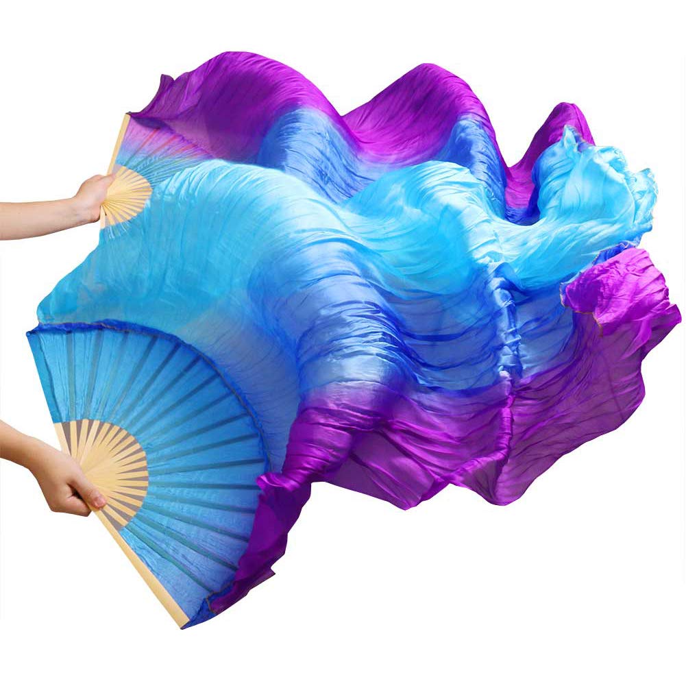 Leemiman Women 1.8 m Long Belly Dance 100% Silk Bamboo Fan Veils 1 Pair(L+R) (Vertical turquoise blue purple)