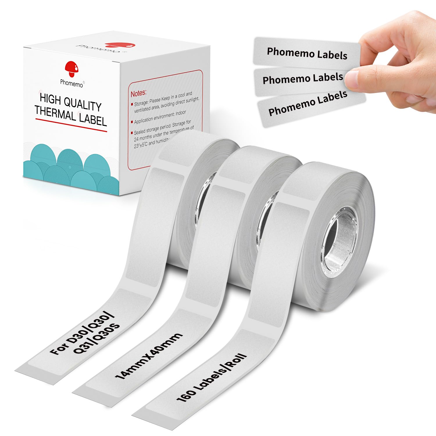 Phomemo Silver Powder Thermal Label, Three Rolls Self-Adhesive, 14mm x 40mm, Compatible with PhomemoD30, 160 Labels per Roll. (Transparent)