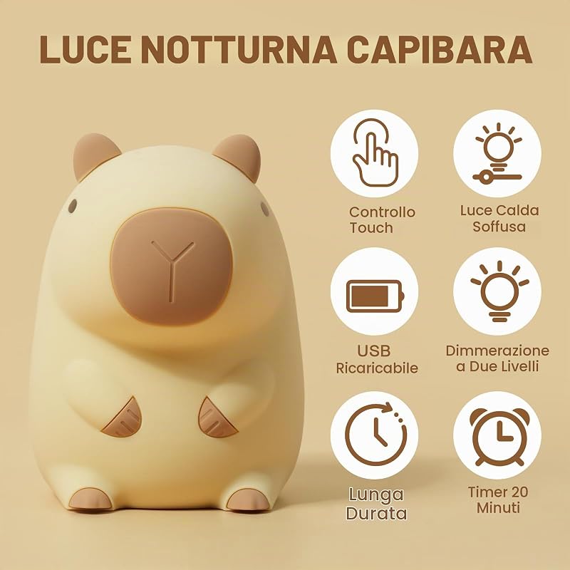 Capybara Luce Notturna per Bambini, Capybara Lampada Touch Control per Comodino, Ricarica USB e Timer, Dimmerabile Luce Notturna in Silicone, Luce Notturna Neonato Cameretta Bambina Regalo — foto 3 di 8