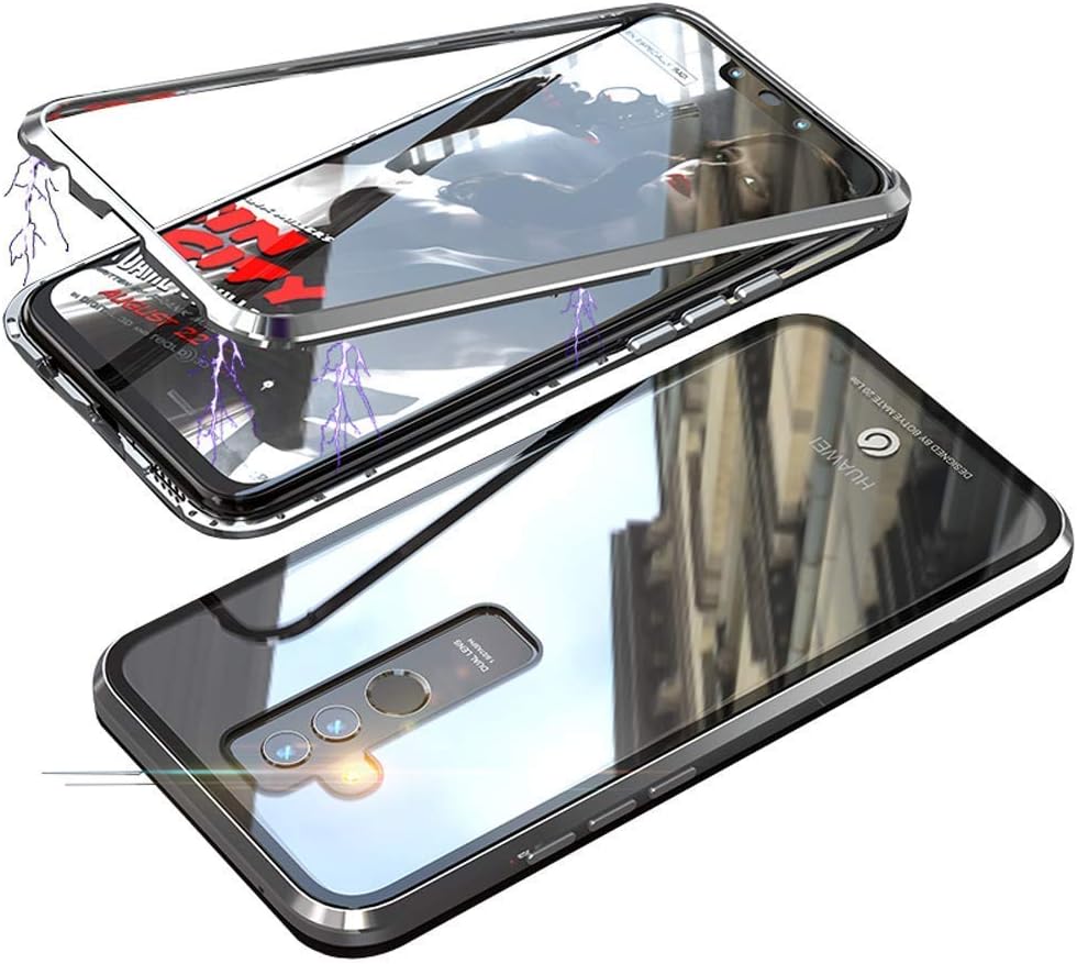 Huawei Mate 20 Lite Magnetic Adsorption Case,Clear Tempered Glass Hard Back Cover [with Built-in Magnets Metal Bumper Frame],360° Full Protection Ultra Slim Phone Case for Huawei Mate 20 Lite