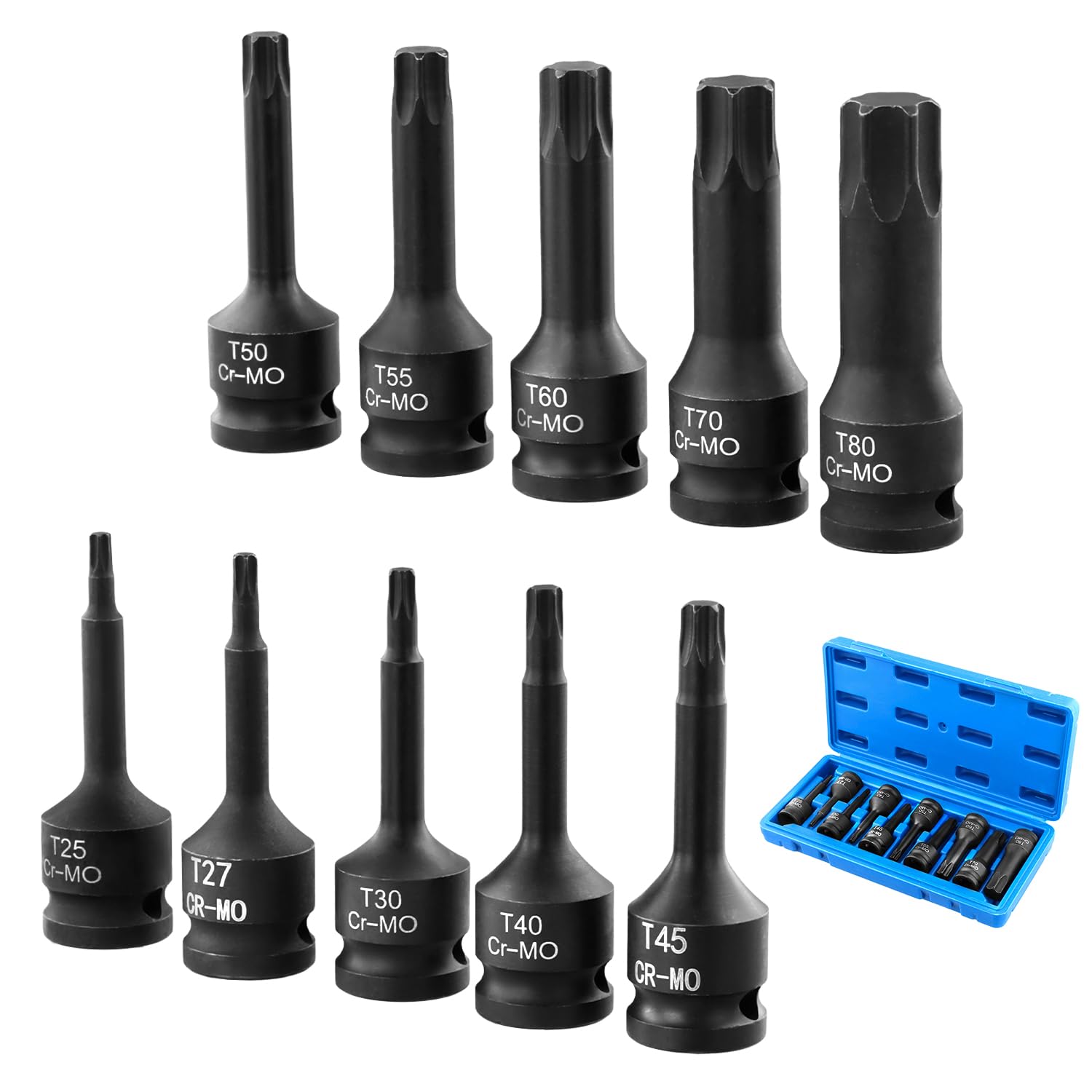 QWORK® 10-Piece Impact Star Bit Socket Set, T25 - T80, 1/2" Drive, Chrom-Vanadium-Stahl with Black Phosphate Finish
