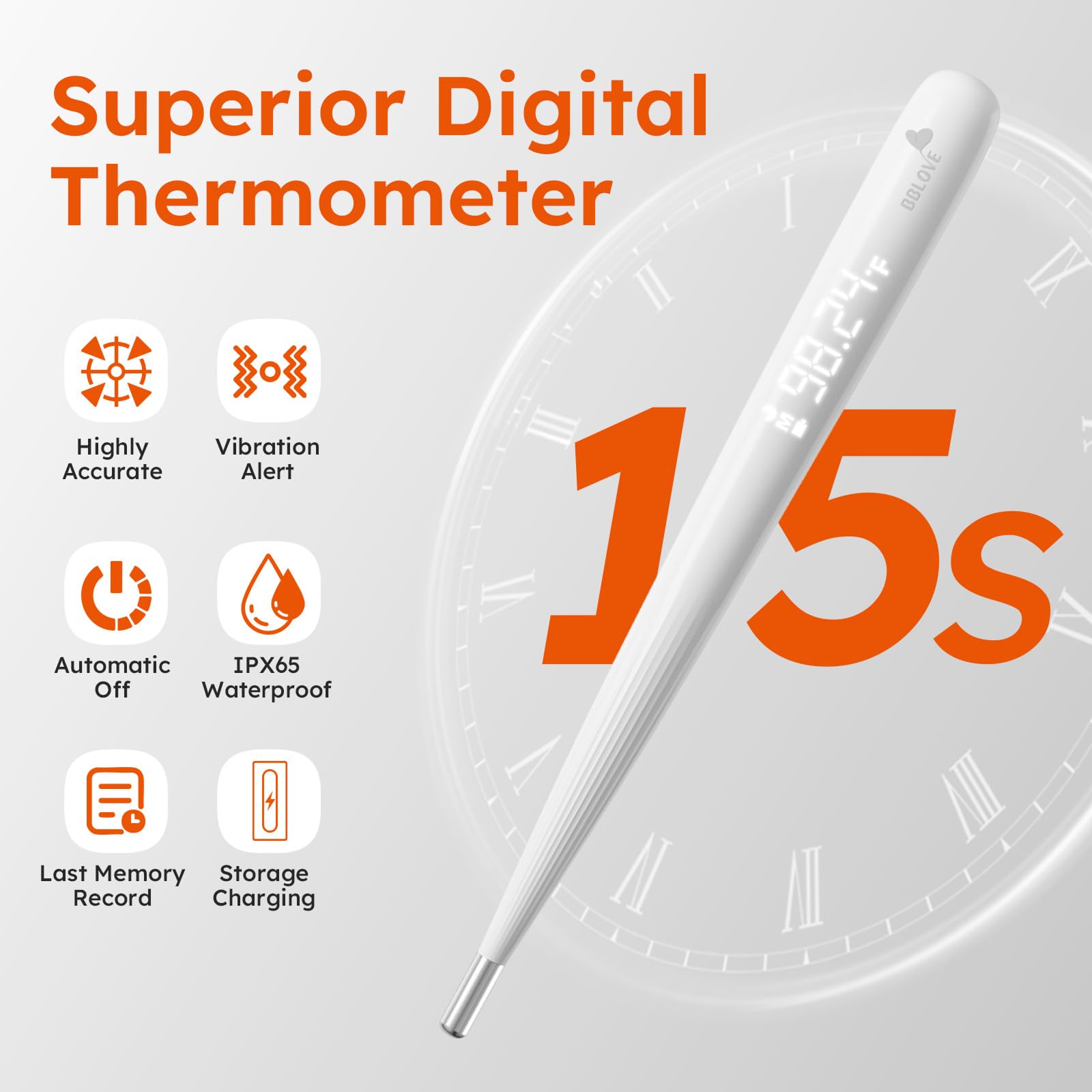 BBLOVE Oral Thermometer for Adults and Kids，Rechargeable Fast Reading Digital Thermometer with LED Display，Medical-Grade Accurate Rectal Thermometer for Babies