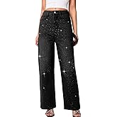 EHSUYAB Womens Sparkly Rhinestone Jeans,Straight Leg Low Rise Baggy Jeans,Embellished Bedazzled Denim Holiday Pants Club Rave