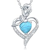 AGVANA Valentines Day Gifts Rosy Reverie Birthstone Necklace for Women Sterling Silver Genuine or Created Gemstone Rose Flower Heart Pendant Necklace Anniversary Birthday Gifts for Women Mom Wife Her