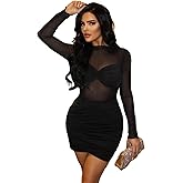 Floerns Women's Long Sleeve Mock Neck Party Dress Sheer Mesh Bodycon Mini Dresses