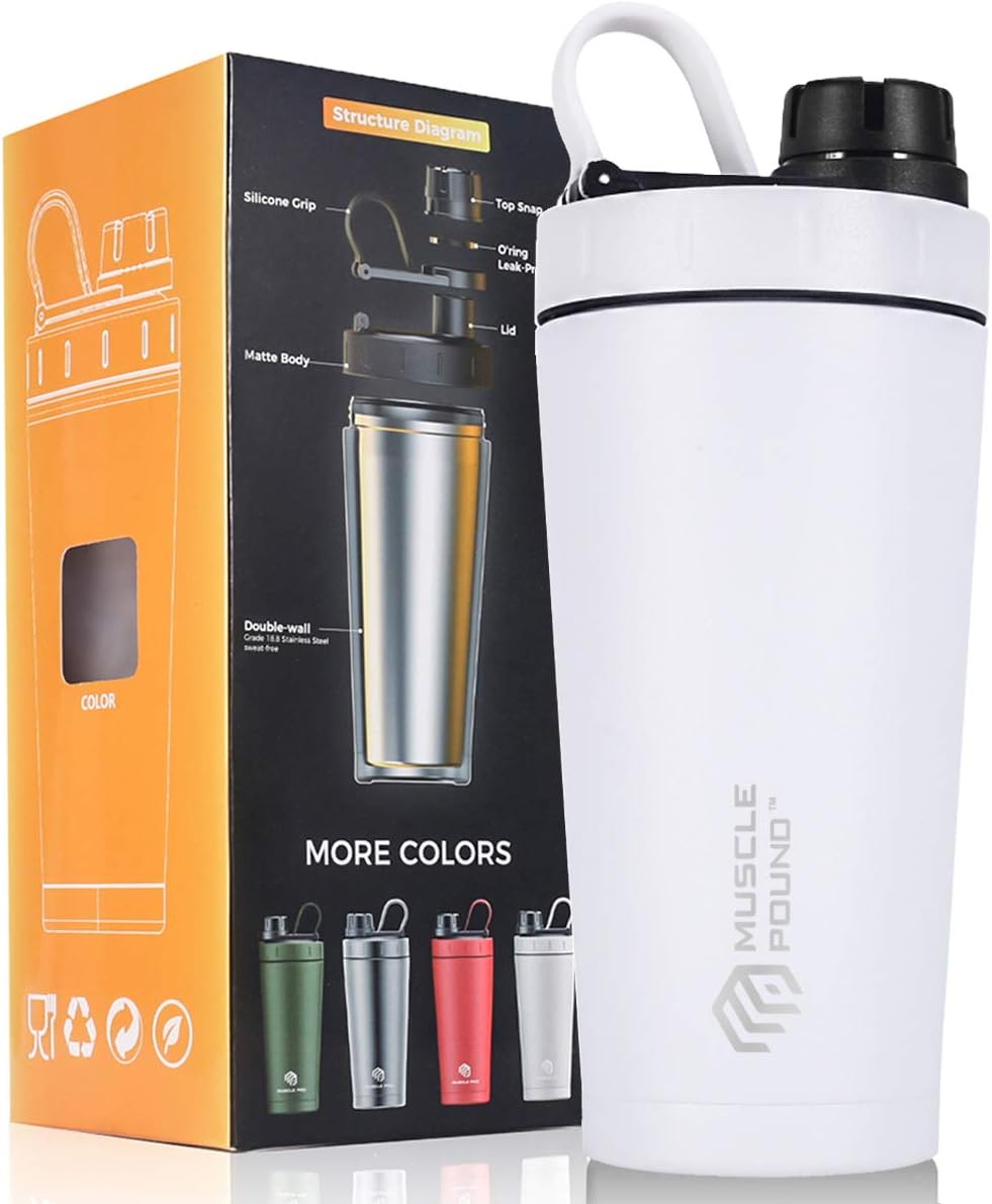 MUSCLE POUND Classic Insulated Stainless Steel Shaker Bottle For Protein Mixes, Double Wall, Leakproof, BPA Free, 20oz (A1/White)