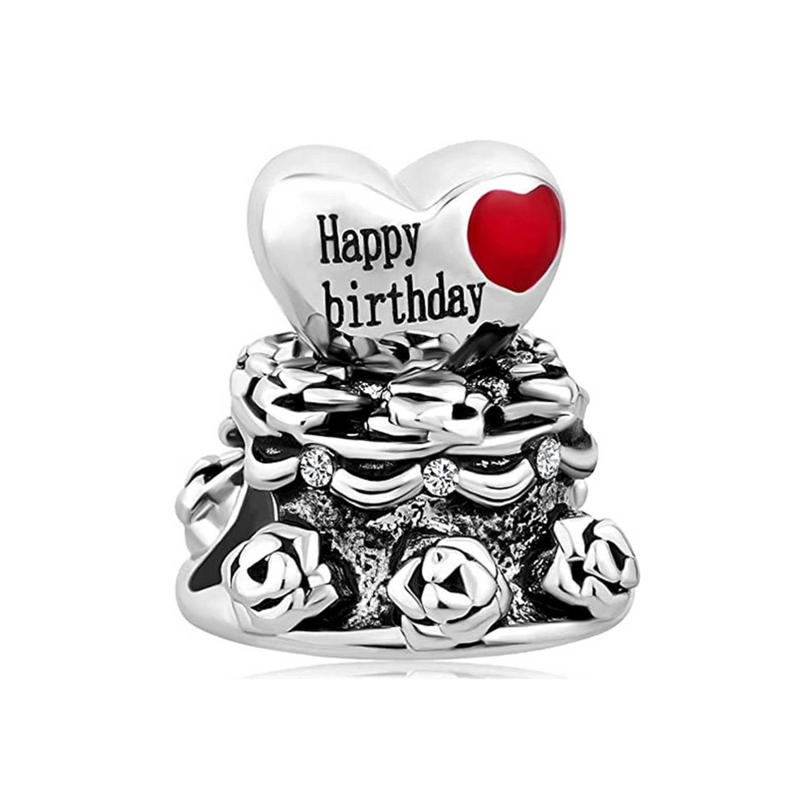 KunBead Jewelry Happy Birthday Cake Bead Love Heart Charms Compatible with Pandora Bracelets for Women Girls