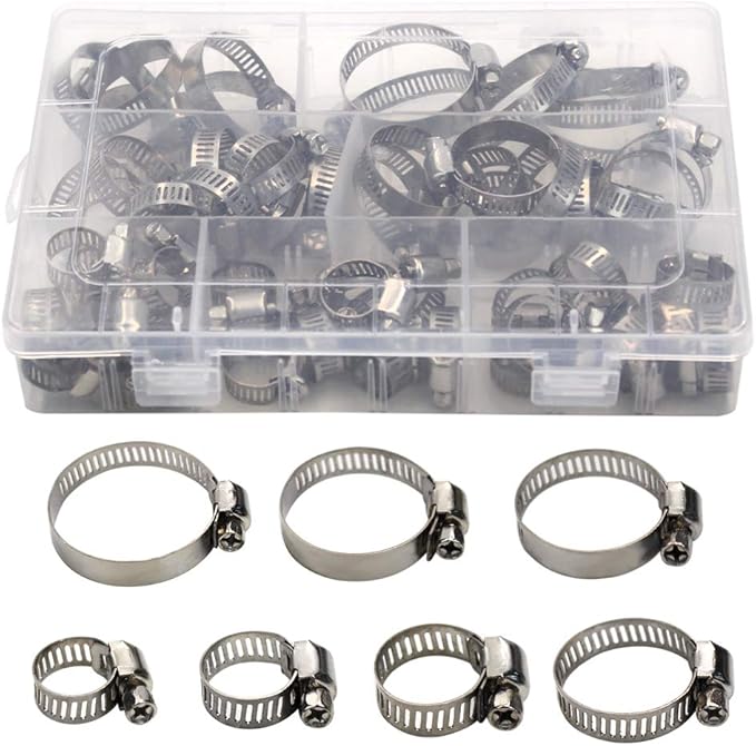Hose Clamp, 60 Pcs All Stainless Steel Adjustable 638mm Range Worm Gear Hose Clamp Assortment