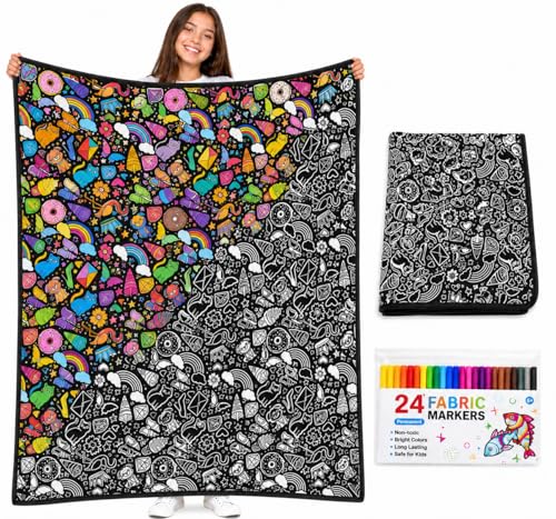 VEELU Adult Coloring Blanket 156×125cm with 24 Markers, Painting Blanket Washable Reusable, Anti-Stress Blanket for Kids and Family Activity, Birthday Gift