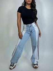 Angsuttc Womens Jeans with Patchwork Stripes High